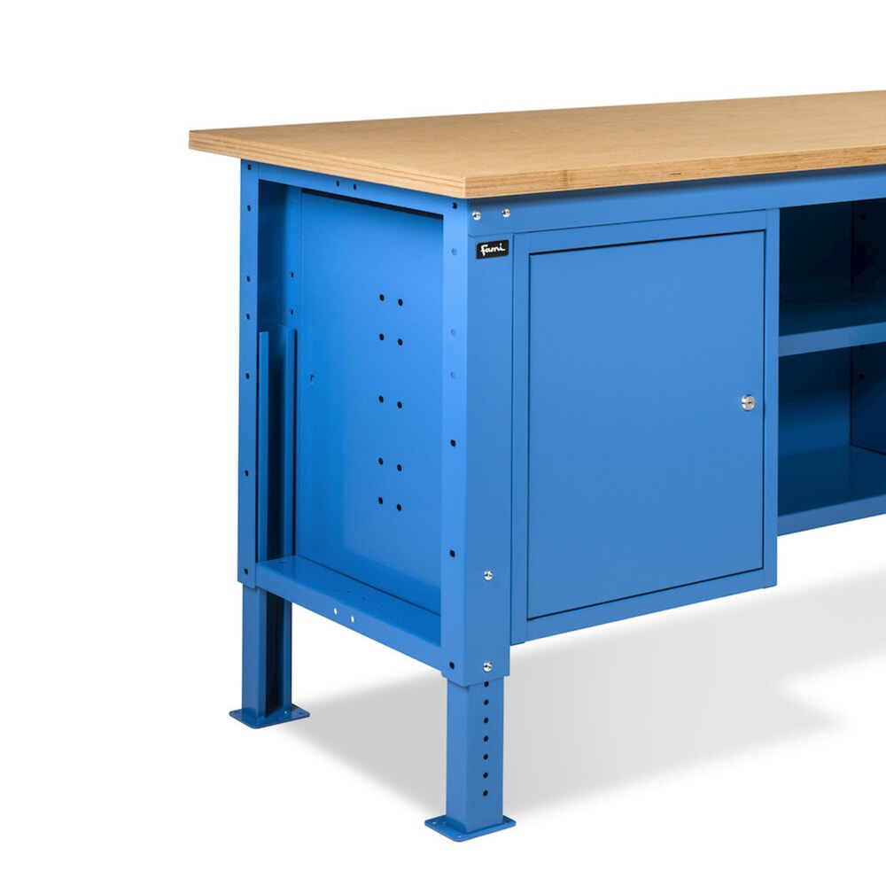 N° de l'image du produit 11 : Établi Fami, réglable en Hauteur de construction, 4 tiroirs, armoire à gullwing, Paroi arrière avec 2 étagères, capacité de charge 1 000 kg, HxLxP 740-1,110 x 2 000 x 750 mm, RAL 5012 bleu clair