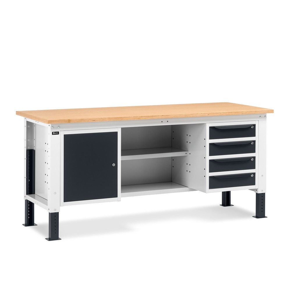 Illustration du produit: Établi Fami, réglable en Hauteur de construction, 4 tiroirs, armoire à gullwing, Paroi arrière avec 2 étagères, capacité de charge 1 000 kg, HxLxP 740-1,110 x 2 000 x 750 mm, gris clair/RAL 7016 gris anthracite RAL 7016