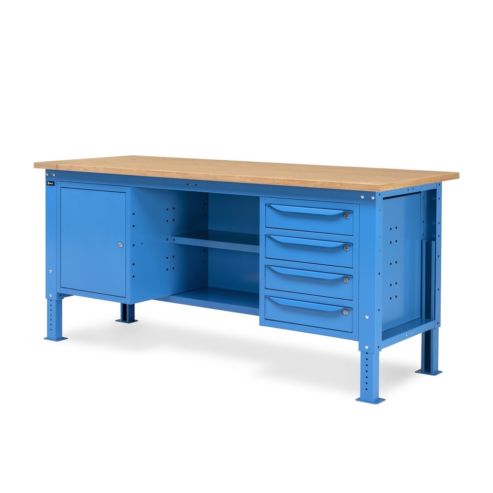 Produktabbildung Nr. 3: Établi Fami, réglable en Hauteur de construction, 4 tiroirs, armoire à gullwing, Paroi arrière avec 2 étagères, capacité de charge 1 000 kg, HxLxP 740-1,110 x 2 000 x 750 mm, RAL 5012 bleu clair