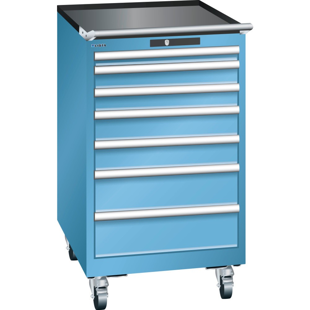 Illustration du produit: Servante d'atelier LISTA 27x36E, (lxPxH) 564x725x990 mm, 7 tiroirs, hauteurs de façade 50-150 mm, bleu clair, CODE Lock