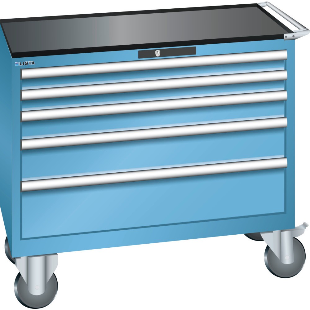 Illustration du produit: Servante d'atelier LISTA 54x27E, (lxPxH) 1 023x572x962 mm, 5 tiroirs, hauteurs de façade 75-200 mm, bleu clair, KEY Lock