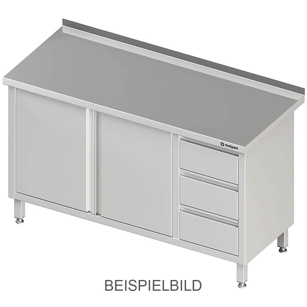 Produktabbildung: Stalgast Arbeitsschrank mit Flügeltüren, 1100x700x850 mm, mit 3er Schubladenblock rechts, ohne Aufkantung, verschweisst