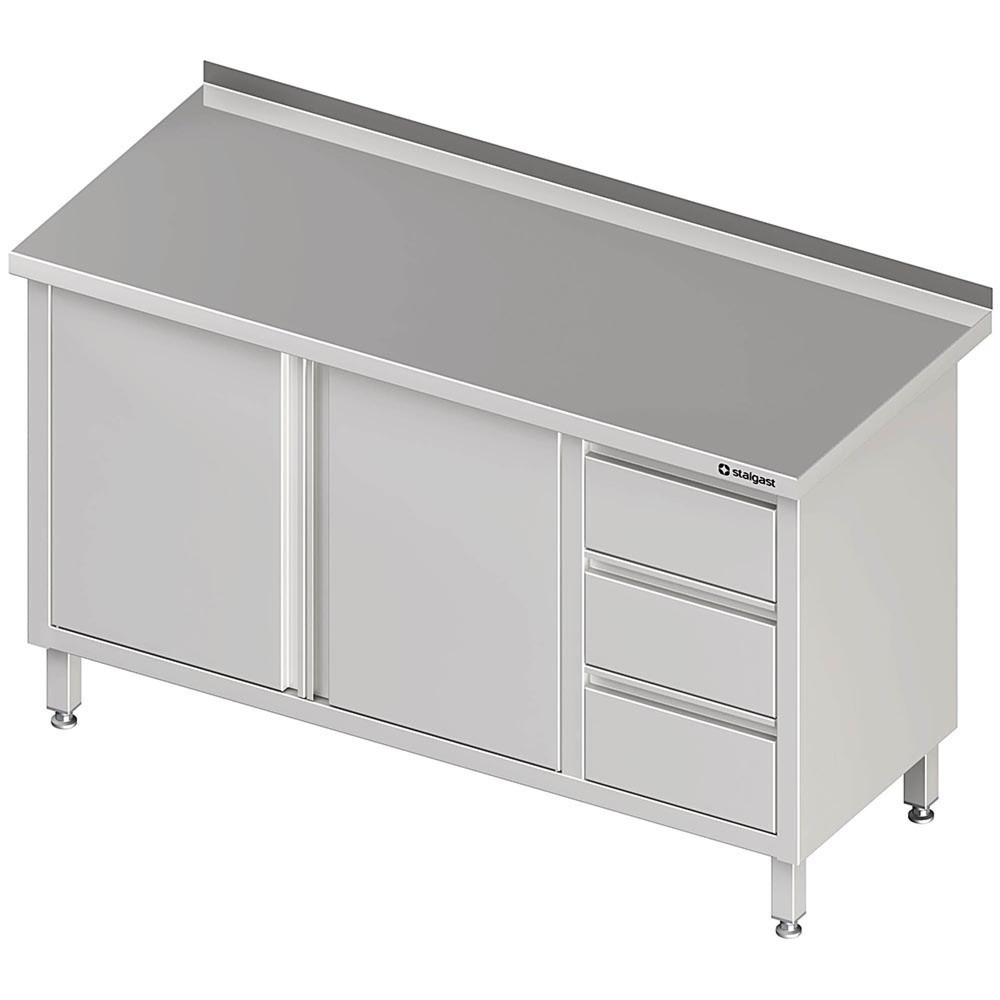 Produktabbildung: Stalgast Arbeitsschrank mit Flügeltüren, 1500x600x850 mm, mit 3er Schubladenblock rechts, mit Aufkantung, verschweisst