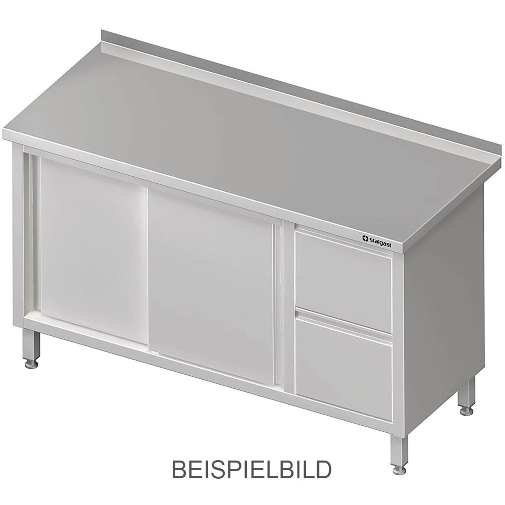 Produktabbildung: Stalgast Arbeitsschrank mit Schiebetüren, 1400x600x850 mm, mit 2er Schubladenblock links, ohne Aufkantung, verschweisst
