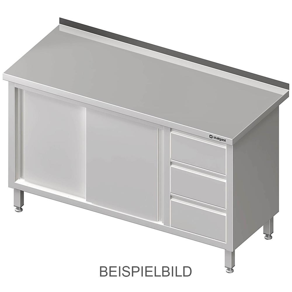 Produktabbildung: Stalgast Arbeitsschrank mit Schiebetüren, 1400x600x850 mm, mit 3er Schubladenblock rechts, ohne Aufkantung, verschweisst