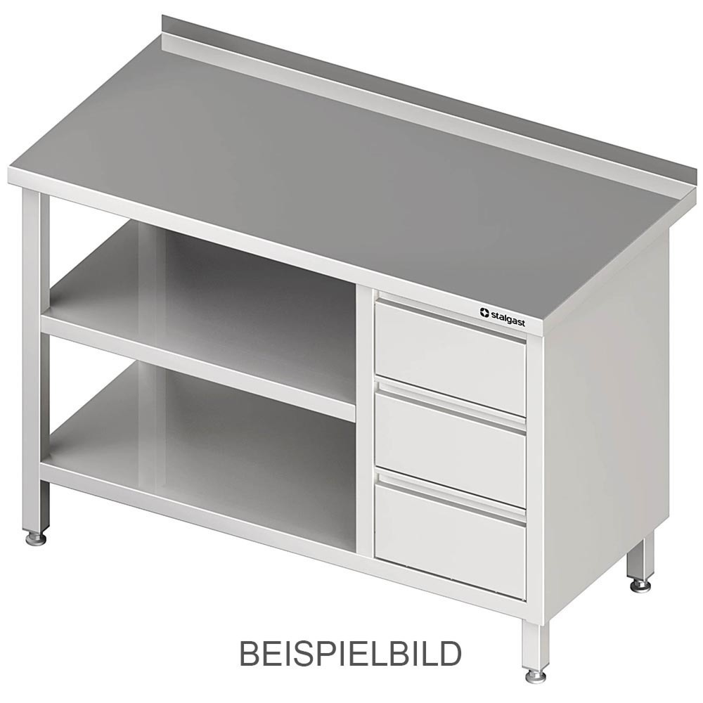 Produktabbildung: Stalgast Arbeitstisch mit Grund- und Zwischenboden, 800x600x850 mm, mit 3er Schubladenblock links, ohne Aufkantung, verschweisst