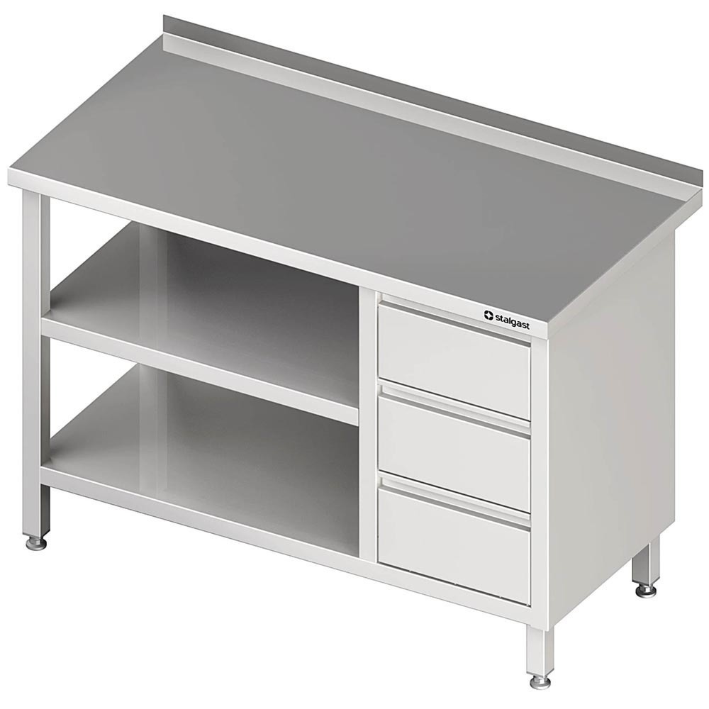 Produktabbildung: Stalgast Arbeitstisch mit Grund- und Zwischenboden, 800x600x850 mm, mit 3er Schubladenblock rechts, mit Aufkantung, verschweisst