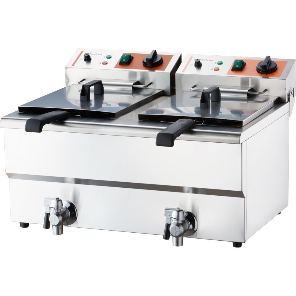 Produktabbildung: CATERINA Stalgast Doppel-Fritteuse, 2x 8 Liter, mit Ablasshahn 610x510x390 mm (BxTxH), 2x 3 kW 230V