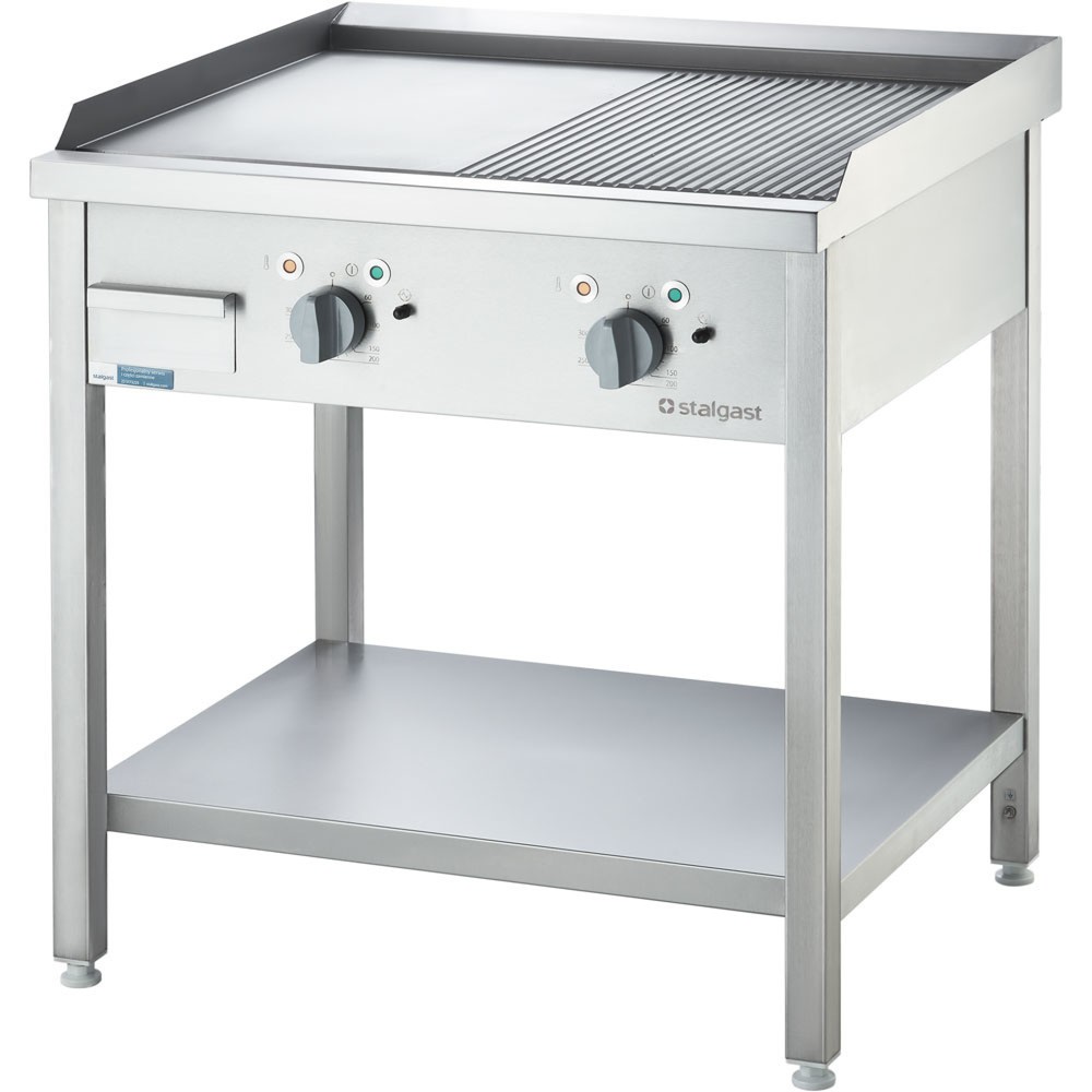 Illustration du produit: Stalgast Elektro-Griddleplatte als Standgerät - ½ glatt / ½ gerillt, Unterbau offen, 800 x 700 x 850 mm (BxTxH)