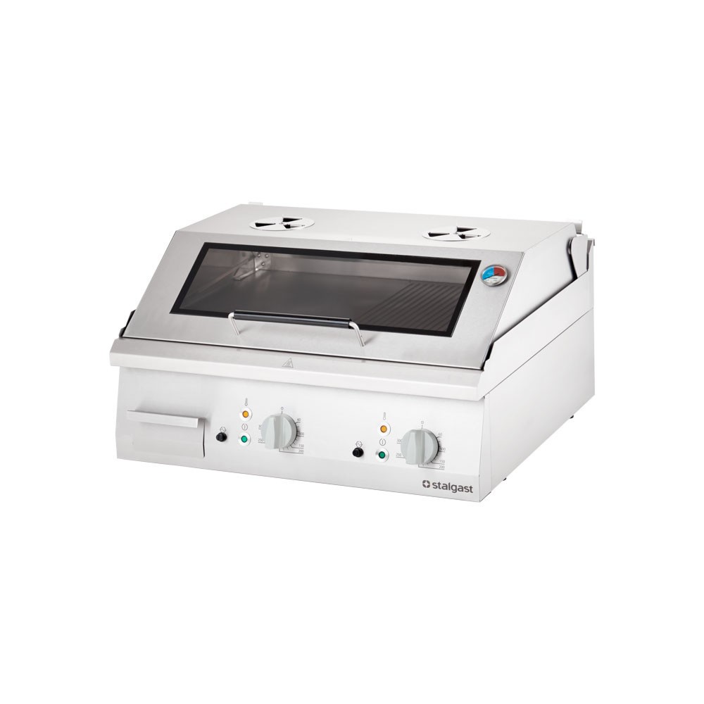 Produktabbildung: Stalgast Elektro-Griddleplatte als Tischgerät mit Deckel, 800x700 mm, ½ glatte/½ gerillte Grillfläche, Serie 700 ND