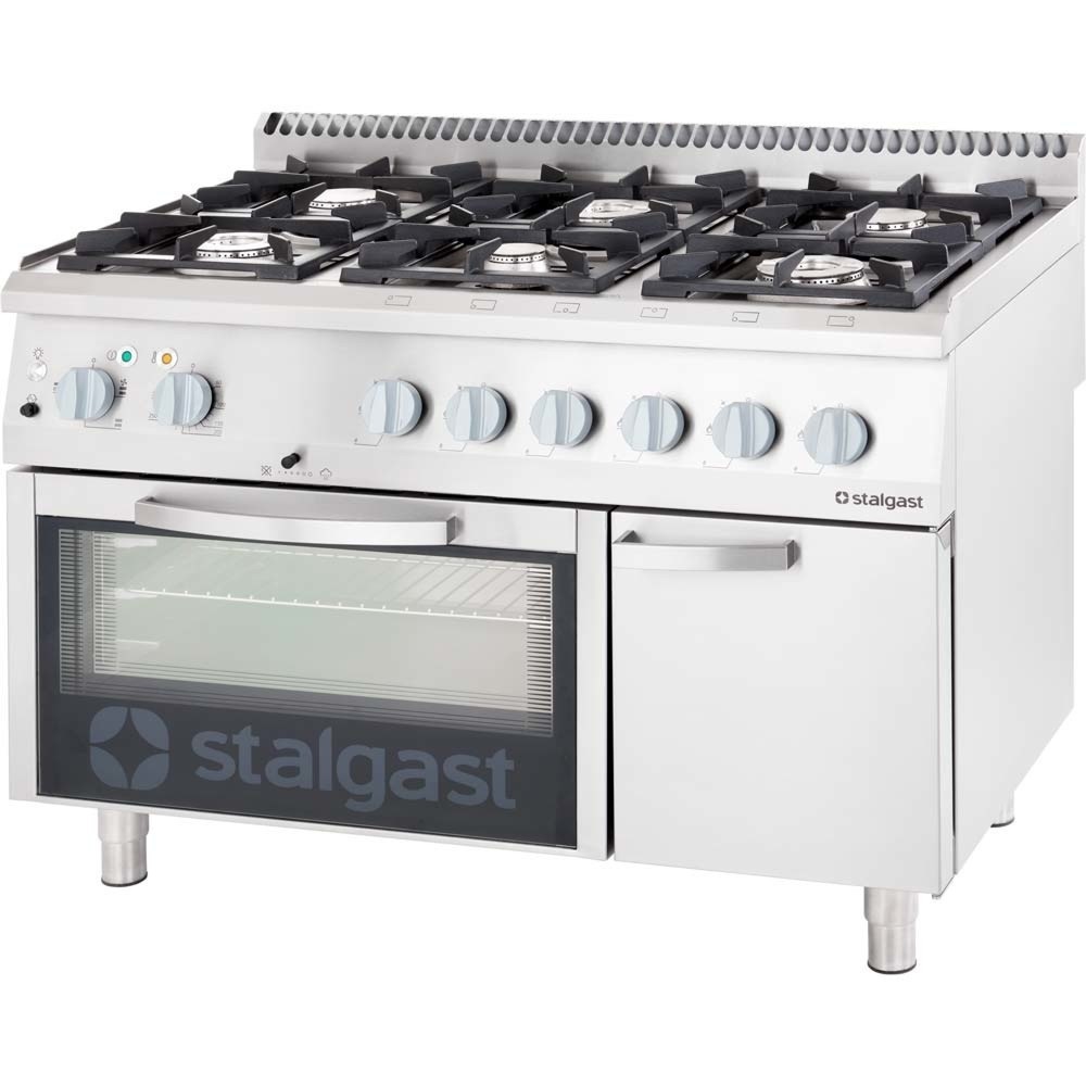 Produktabbildung: Stalgast Gasherd mit 6 Brennern (3,5+2x5+2x7+9), Elektro-Umluft-Backofen GN1/1 und Unterschrank, Serie 700 ND
