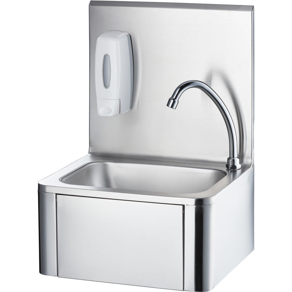 Produktabbildung: Stalgast Handwaschbecken mit Kniebedienung, inkl. Armatur und Seifenspender, Wandmontage, 400 mm x 330 mm x 570 mm (BxTxH)
