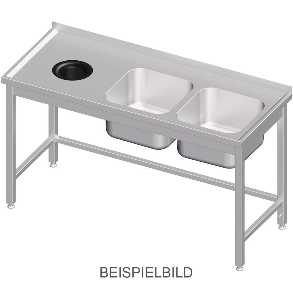 Produktabbildung: Stalgast Spültisch ohne Grundboden, mit Abfallloch, 1400x600x850 mm, mit zwei Becken links, mit Aufkantung, verschweisst