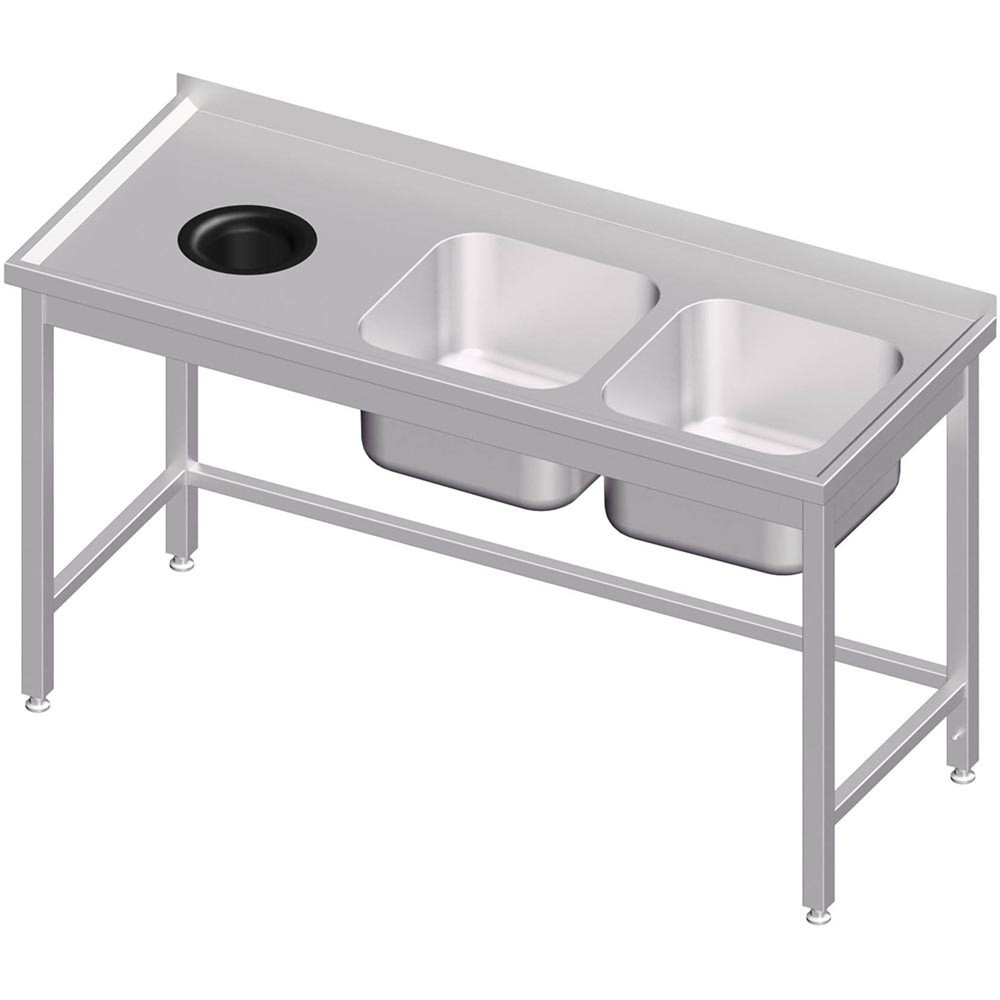 Produktabbildung: Stalgast Spültisch ohne Grundboden, mit Abfallloch, 1400x700x850 mm, mit zwei Becken rechts, mit Aufkantung, verschweisst