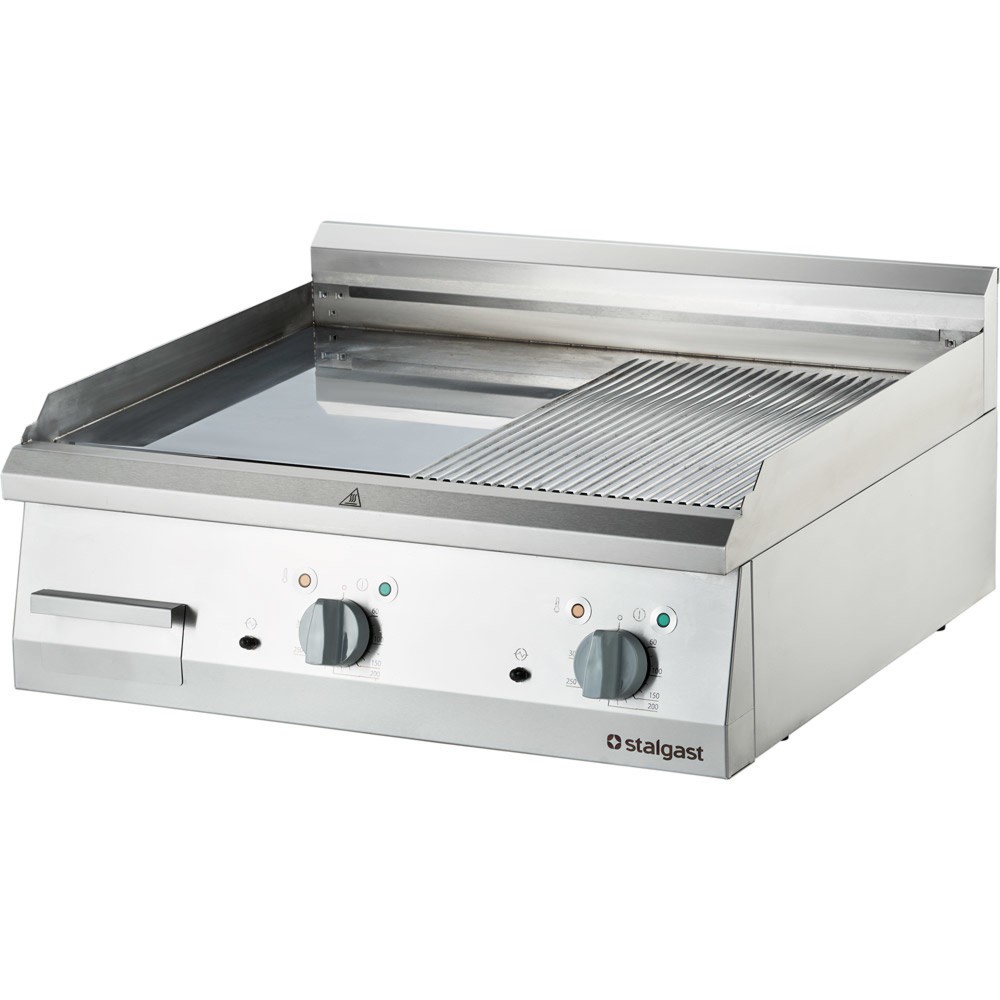 Produktabbildung: Stalgast Verchromte Elektro-Griddleplatte als Tischgerät, 800x700 mm, ½ glatte/½ gerillte Grillfläche, Serie 700 ND