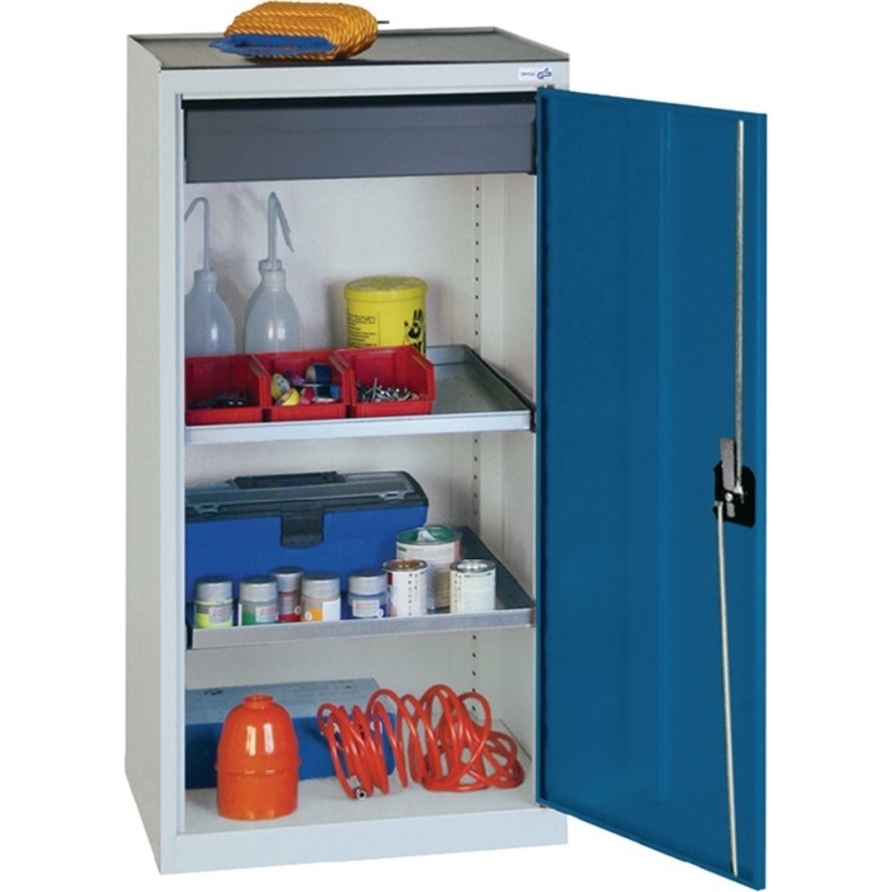 Illustration du produit: Armoire à outils / armoire d'appoint stumpf®, 1 tiroir, 2 tablettes, H 1 000 x L 500 x P 500 mm, gris clair, RAL 7035 / bleu gentiane, RAL 5010