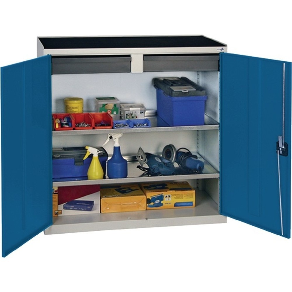 Illustration du produit: Armoire à outils / armoire d'appoint stumpf®, 2 tiroirs, 2 tablettes, H 1 000 x L 1 000 x P 500 mm, gris clair, RAL 7035 / bleu gentiane, RAL 5010