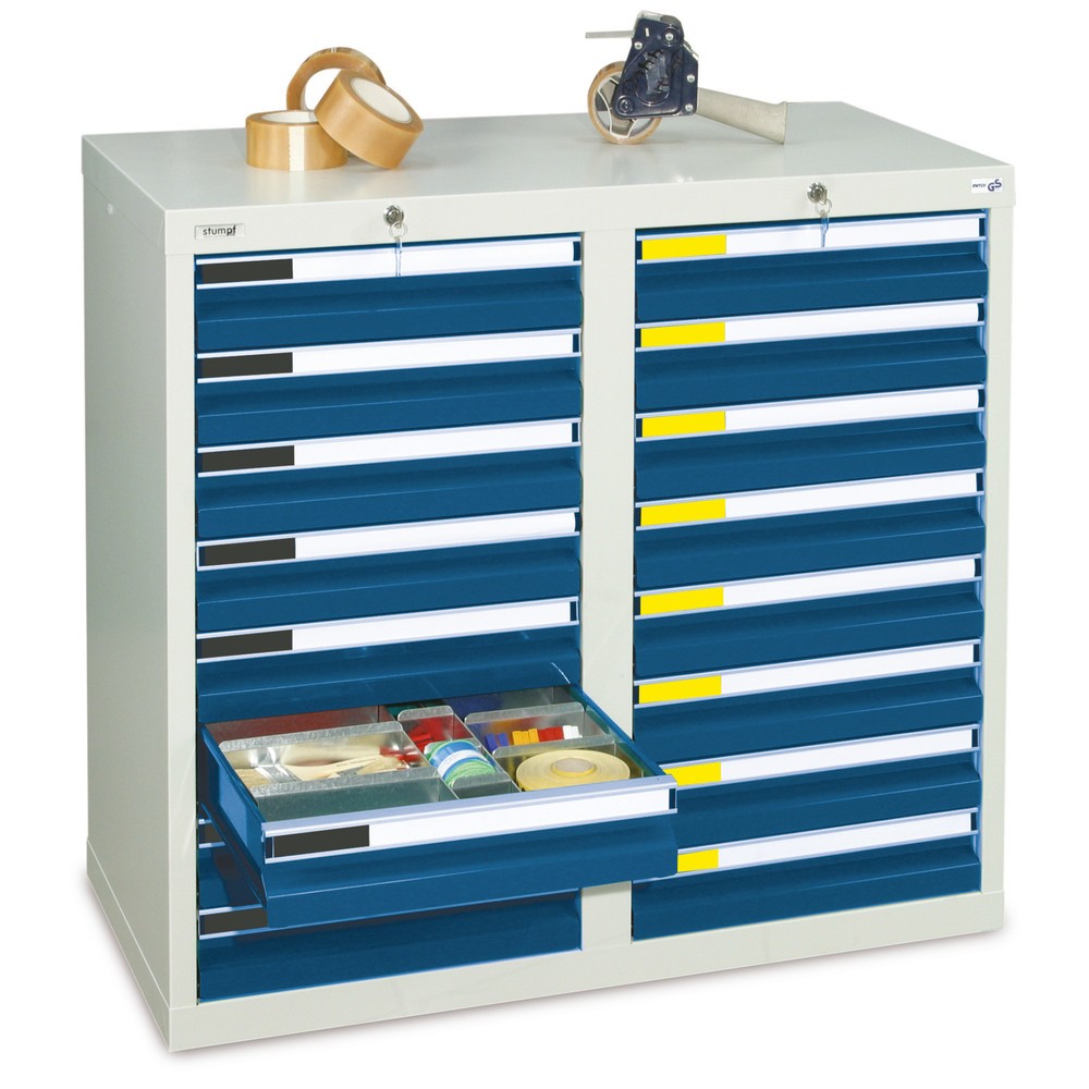 Produktabbildung: stumpf® Schubladenschrank  Premium, Schubladen 16x100 mm, HxBxT 900 x 1.000 x 500 mm, lichtgrau/enzianblau