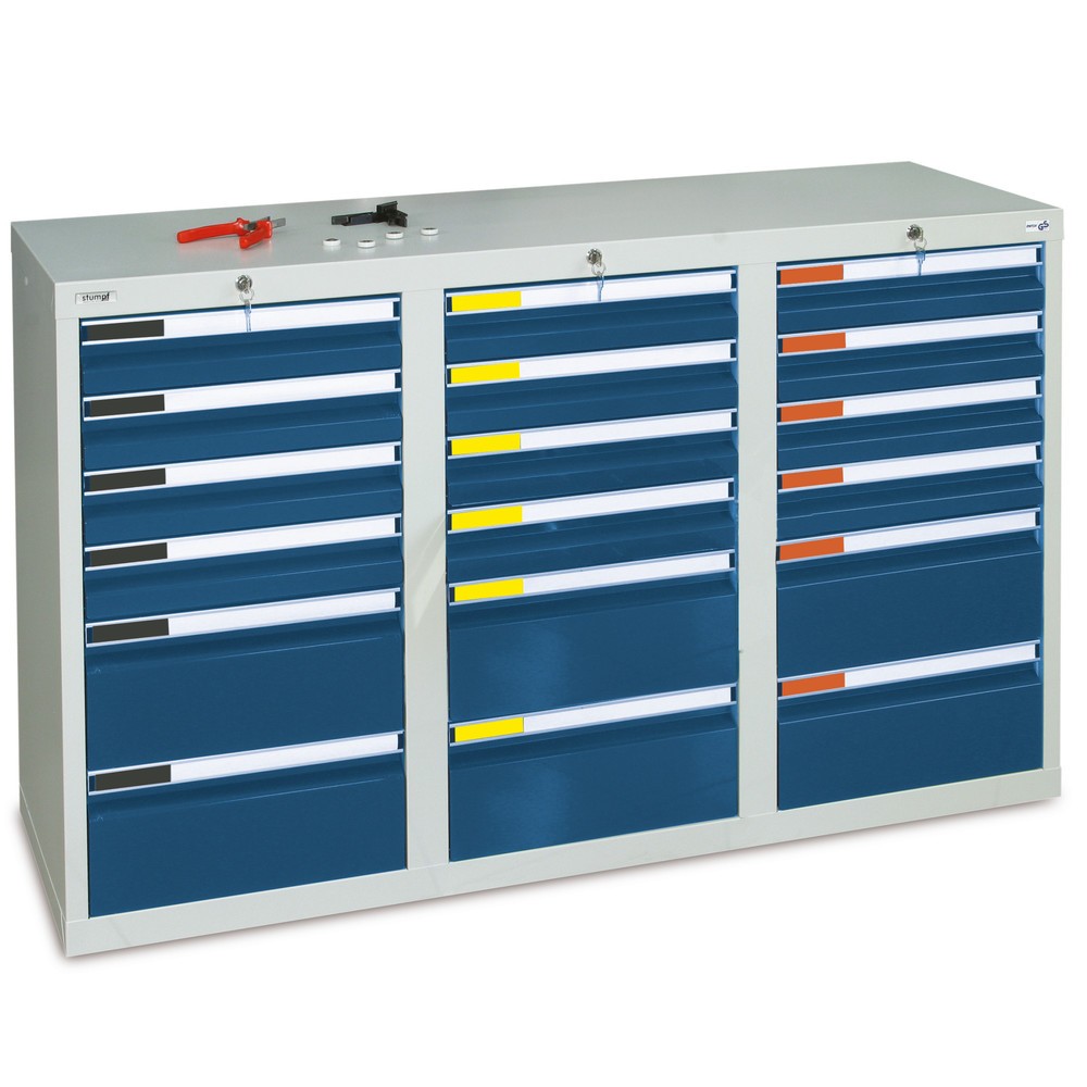 Produktabbildung: stumpf® Schubladenschrank  Premium, Schubladen 12x100 + 6x200 mm, HxBxT 900 x 1.500 x 500 mm, lichtgrau