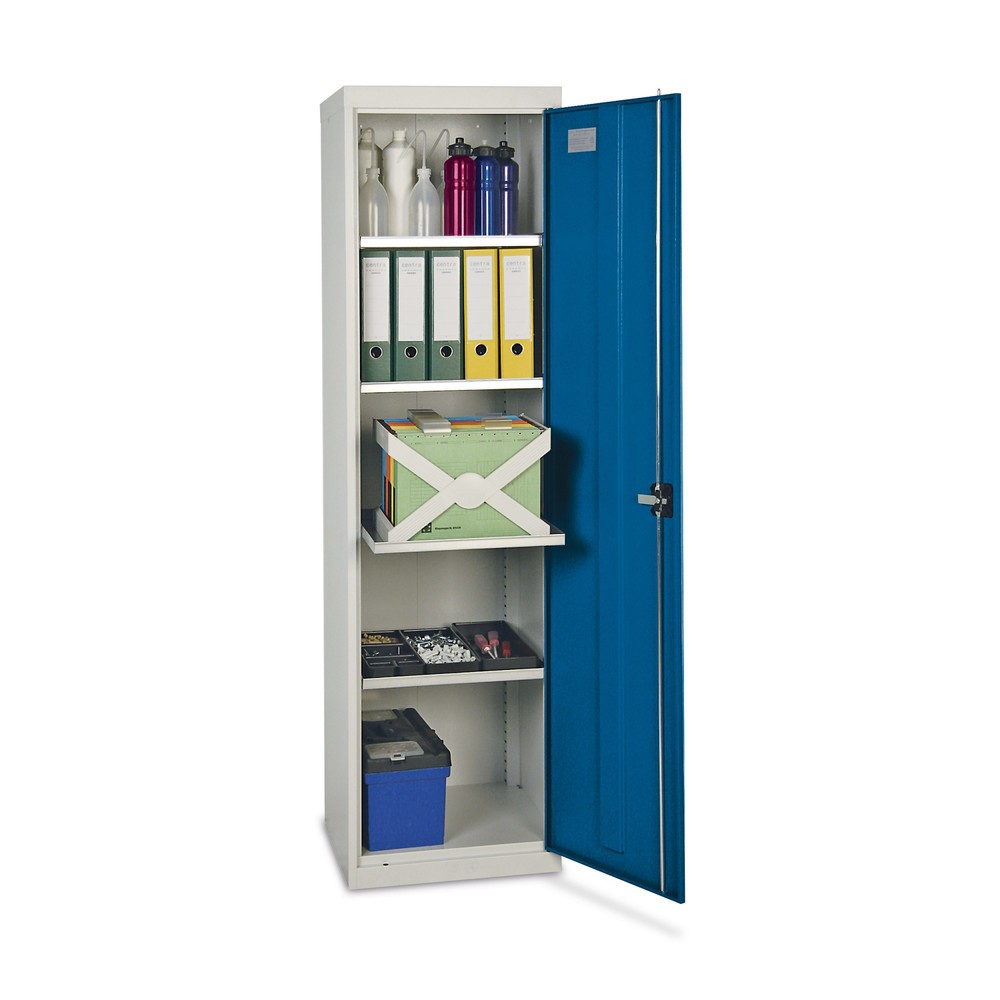 Produktabbildung: stumpf® Werkstatt-Flügeltürschrank mit 4 Wannen, HxBxT 1.800 x 500 x 500 mm, lichtgrau/enzianblau