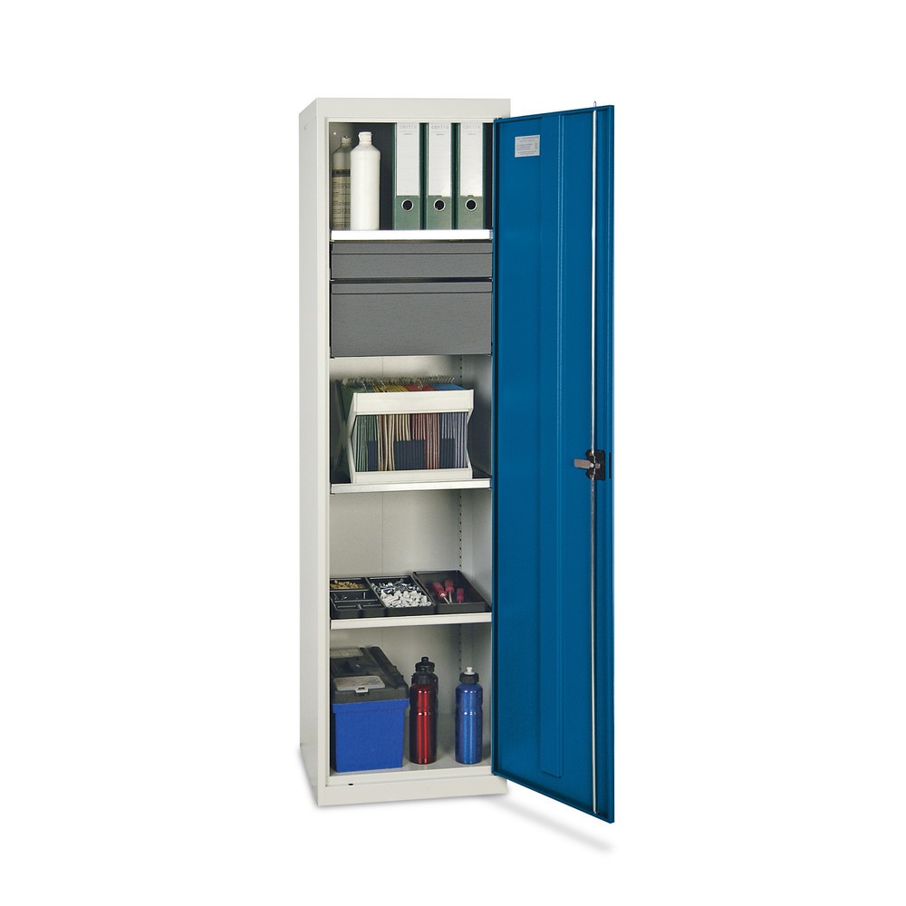 Produktabbildung: stumpf® Werkstatt-Flügeltürschrank mit 2 Schubladen + 3 Wannen, HxBxT 1.800 x 500 x 500 mm, lichtgrau/enzianblau