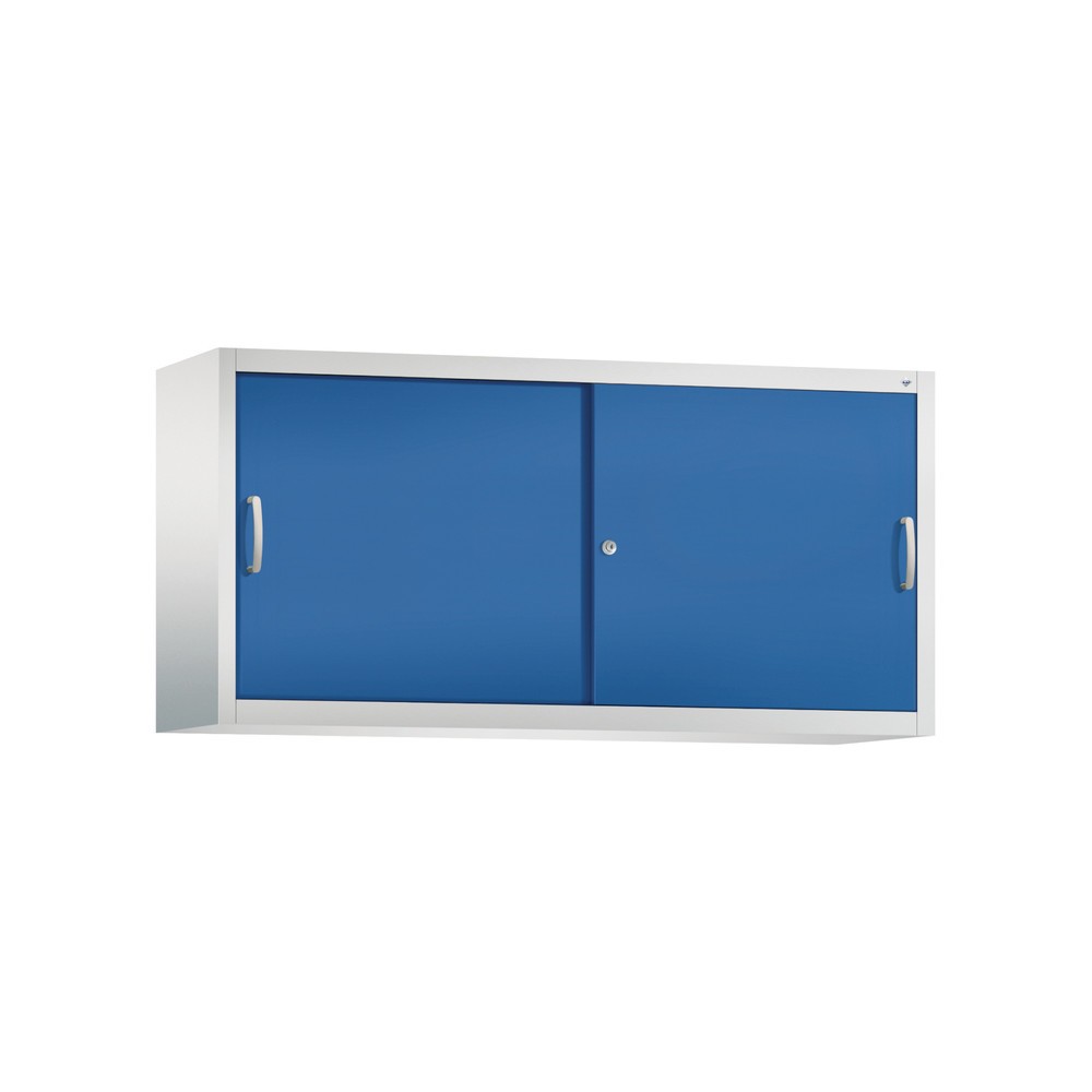 N° de l'image du produit 1 : Surmeuble pour armoire à portes coulissantes d’atelier C+P, 2 tablettes, H x l x P 790 x 1 600 x 400 mm, cloison de séparation, gris clair, bleu gentiane