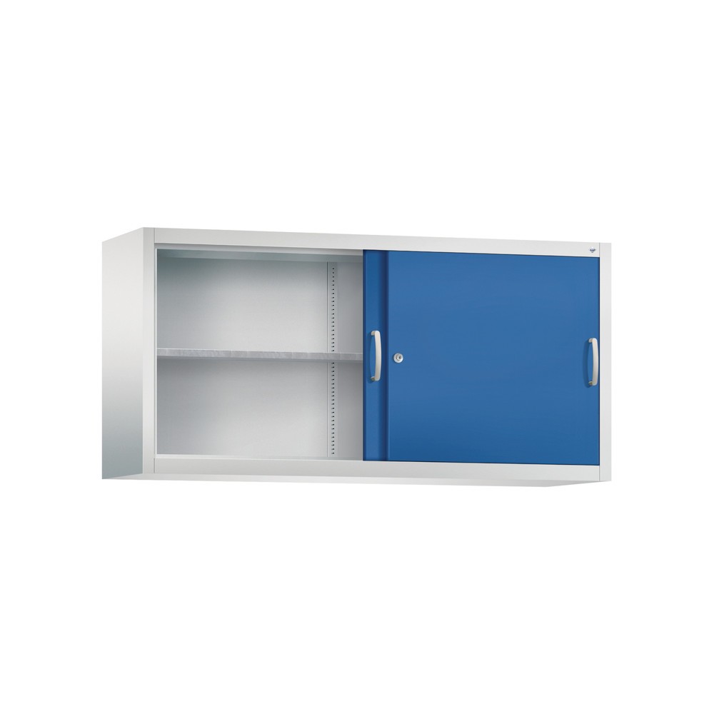 N° de l'image du produit 2 : Surmeuble pour armoire à portes coulissantes d’atelier C+P, 2 tablettes, H x l x P 790 x 1 600 x 400 mm, cloison de séparation, gris clair, bleu gentiane