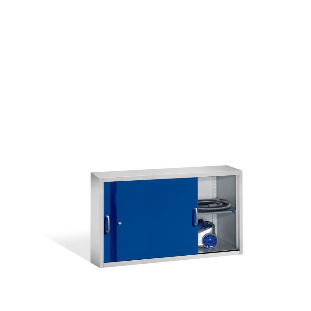 N° de l'image du produit 3 : Surmeuble pour armoire à portes coulissantes d’atelier C+P, 2 tablettes, H x l x P 790 x 1 600 x 400 mm, cloison de séparation, gris clair, bleu gentiane