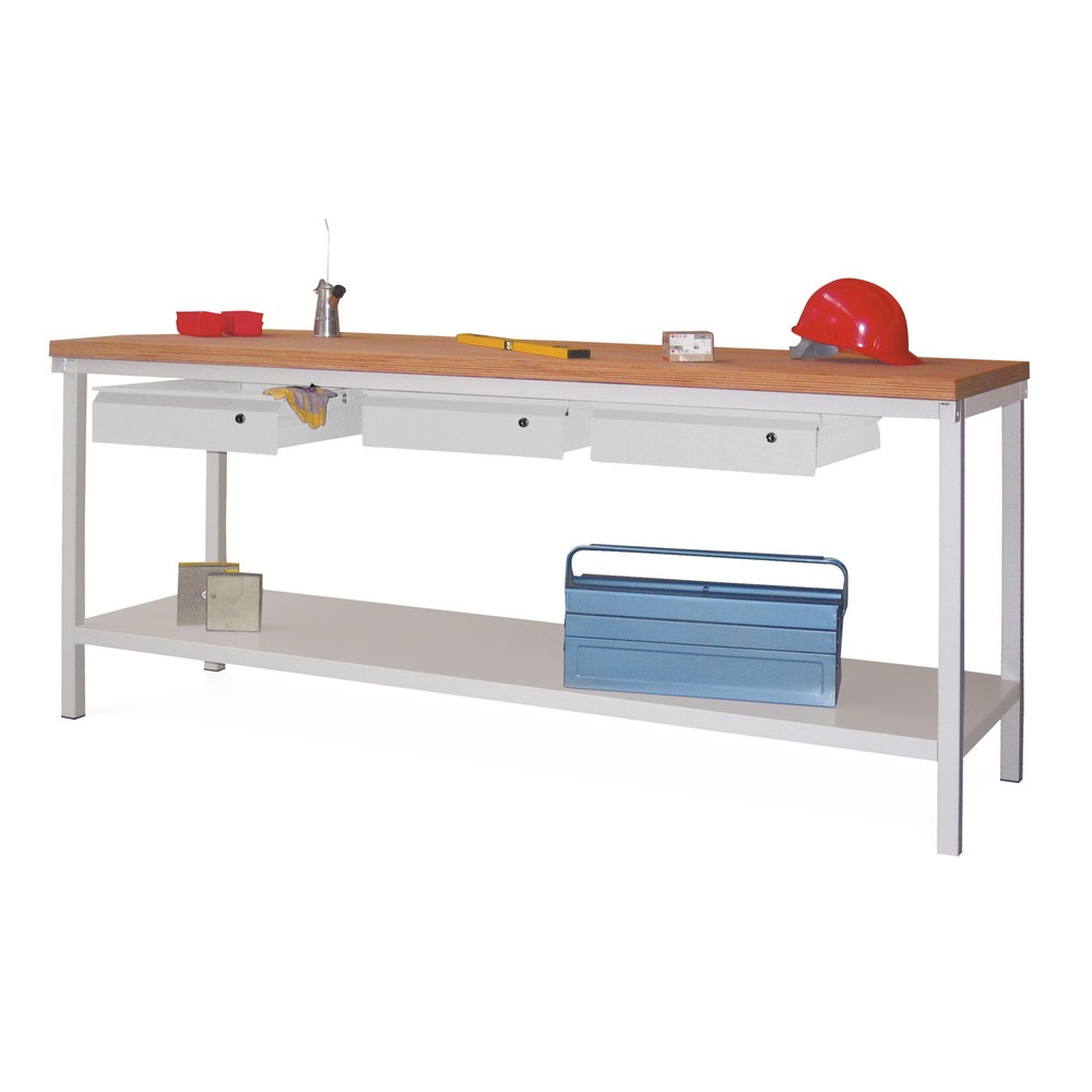 Illustration du produit: Table d’établi PAVOY avec 3 tiroirs + tablette, H x l x P 900 x 2 000 x 700 mm, bleu gentiane, gris clair