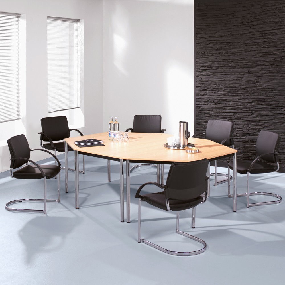 Illustration du produit: Table de conférence Premium, en trapèze, tube rond, lxP 1 600 x 690 mm, gris clair/chromée