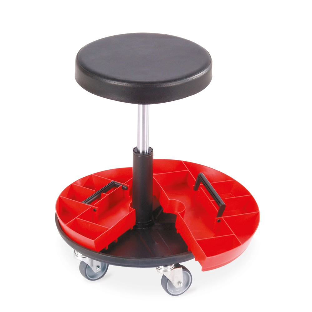 Illustration du produit: Tabouret avec plateau porte-outils en 2 parties, hauteur d’assise 520 à 545 mm, roulettes