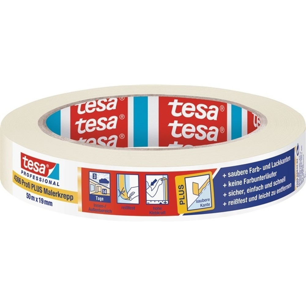 Produktabbildung: TESA Malerkreppband 4306 Profi PLUS leicht gekreppt hellbeige L.50m B.50mm Rl