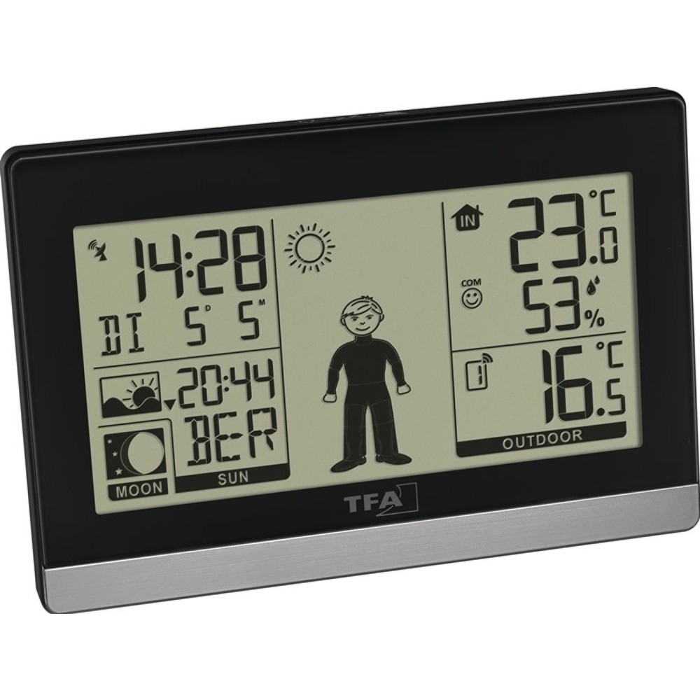 Produktabbildung: TFA Funkwetterstation Weather Boy, Kunststoff für innen und aussen, H97xB145xT39mm schwarz/silber, Wetterfigur gibt Kleiderempfehlung