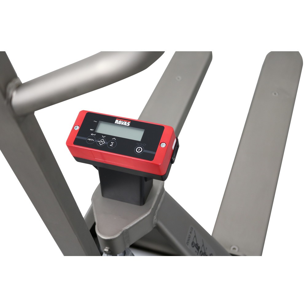 Produktabbildung Nr. 2: Ravas Transpalette en acier inoxydable avec balance INOX, capacité de charge 2 000 kg, longueur des fourches 1 150 mm, polyamide, galets tandem