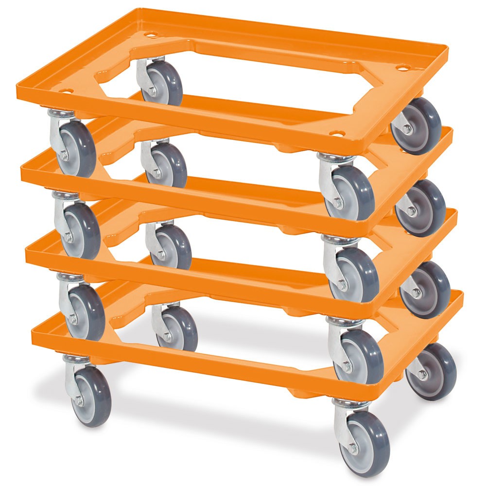 Produktabbildung Nr. 2: Transportroller für Euro-Stapelbehälter 600x400 mm orange, 4 Lenkrollen, graue Gummiräder