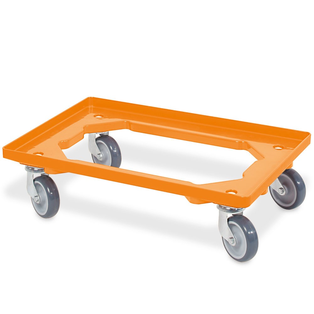 Produktabbildung Nr. 1: Transportroller für Euro-Stapelbehälter 600x400 mm orange, 4 Lenkrollen, graue Gummiräder