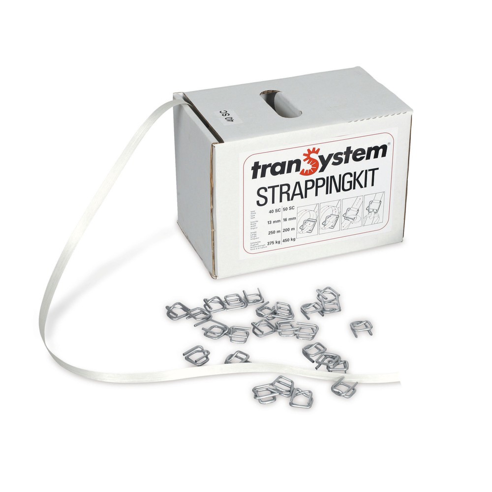 Produktabbildung: Umreifungsband-Set aus PET, verleimt, 13 mm x 250 lfm., inkl. Metallschnallen, weiss
