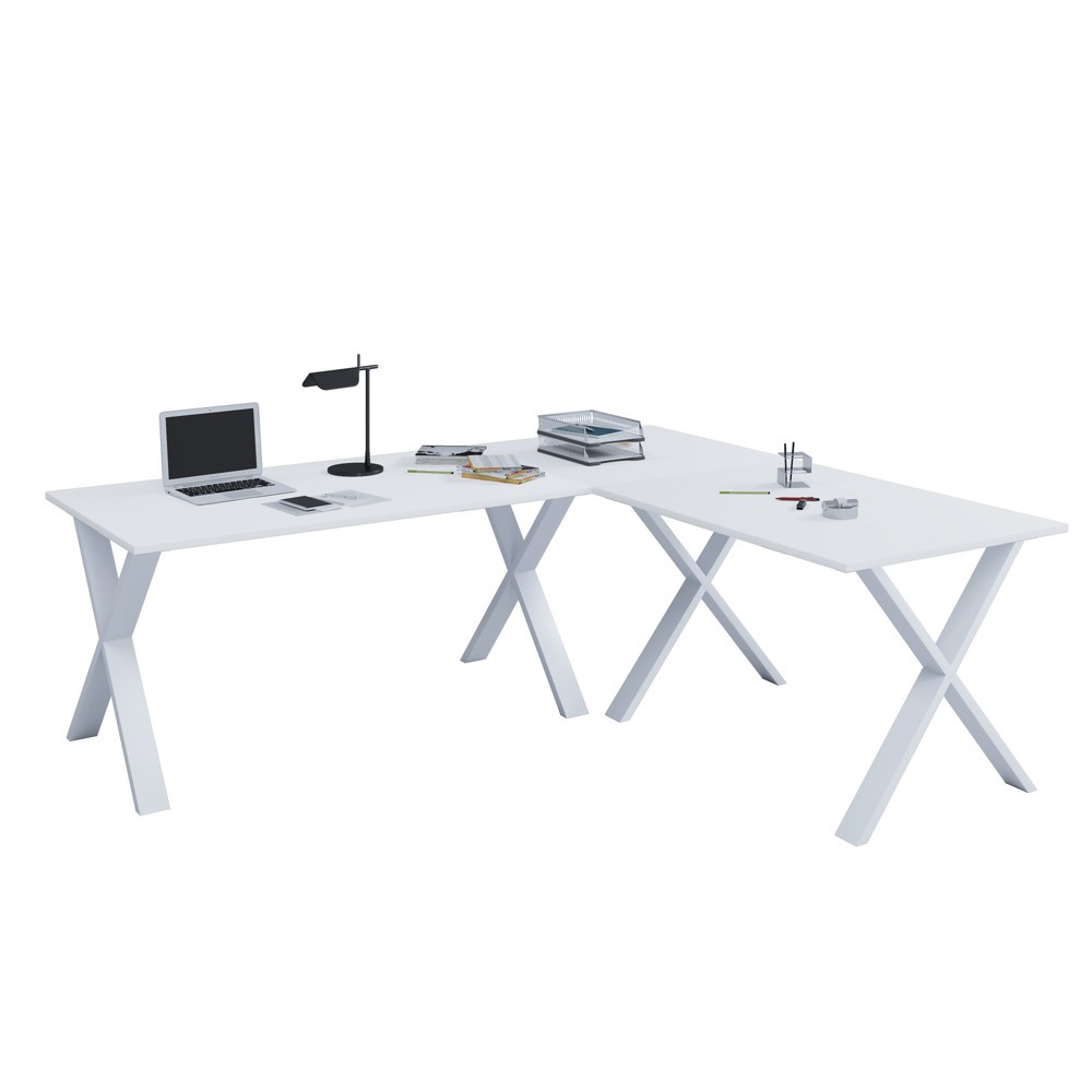 Produktabbildung: VCM Büro-Eckschreibtisch Lona, X-Fussgestell, Tischplatten BxT 1.600 x 800 und 1.600 x 800 mm, weiss