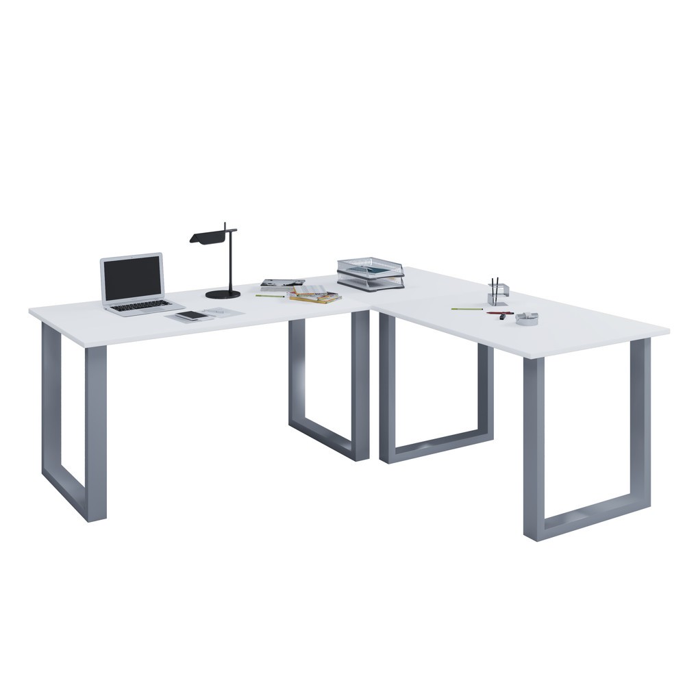 Produktabbildung: VCM Büro-Eckschreibtisch Lona, U-Fussgestell, Tischplatten BxT 1.400 x 800 und 1.100 x 800 mm, weiss/silber