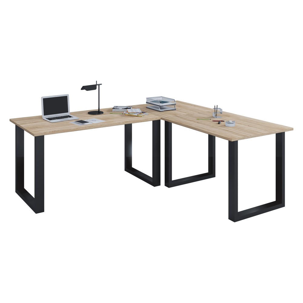 Produktabbildung: VCM Büro-Eckschreibtisch Lona, U-Fussgestell, Tischplatten BxT 1.400 x 800 und 800 x 800 mm, Sonoma-Eiche/schwarz