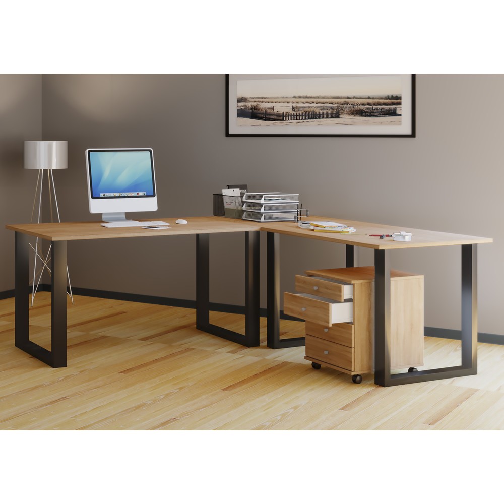 Produktabbildung Nr. 2: VCM Büro-Eckschreibtisch Lona, U-Fussgestell, Tischplatten BxT 1.400 x 800 und 800 x 800 mm, Sonoma-Eiche/schwarz