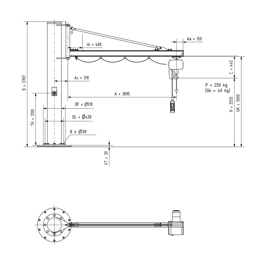 Produktabbildung Nr. 3: VETTER® Schwenkkran inkl. LIFTKET Elektrokettenzug, Säulenausführung, Ausladung 3.900 mm, TK 250 kg
