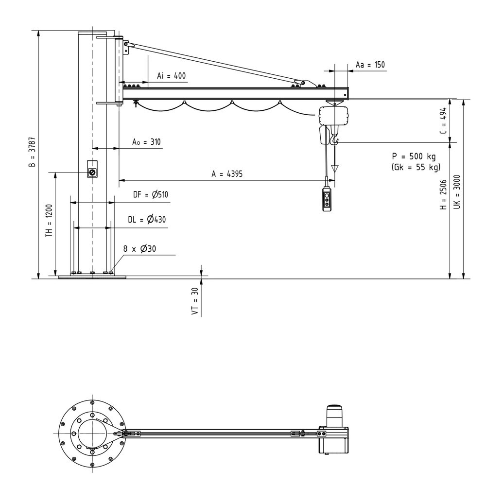 Produktabbildung Nr. 2: VETTER® Schwenkkran inkl. LIFTKET Elektrokettenzug, Säulenausführung, Ausladung 4.400 mm, TK 500 kg