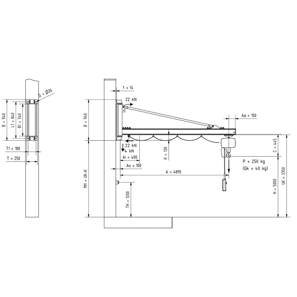 Produktabbildung Nr. 2: VETTER® Schwenkkran inkl. LIFTKET Elektrokettenzug, Wandausführung, Ausladung 4.900 mm, TK 250 kg