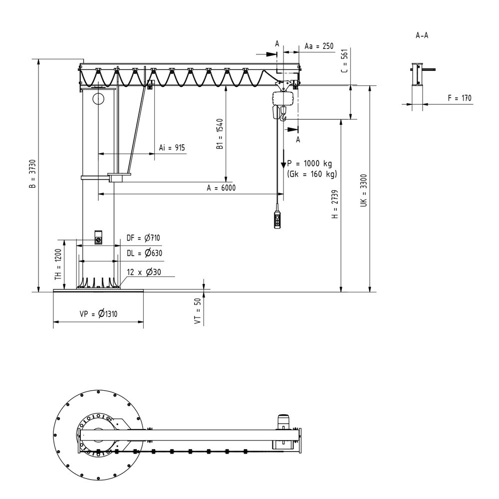 Produktabbildung Nr. 3: VETTER® Schwenkkran inkl. LIFTKET Elektrokettenzug, Säulenausführung, 360° Schwenkbereich, Ausladung 6.000 mm inkl. LIFTKET Elektrokettenzug, TK 1.000 kg