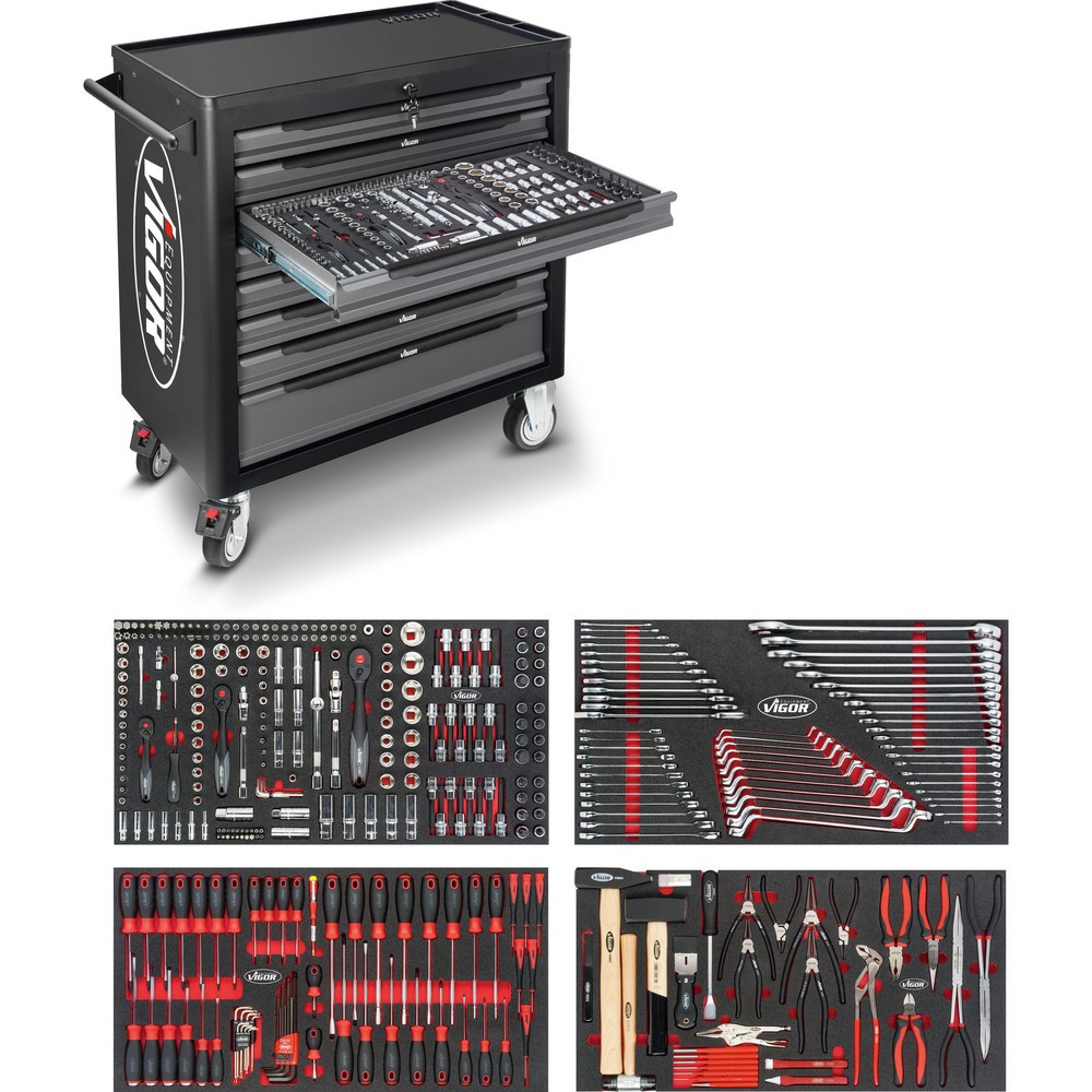 Produktabbildung: VIGOR® Werkzeugwagen 1000 XL, 8 Schubladen, inkl. 375-teiligem Werkzeugsortiment