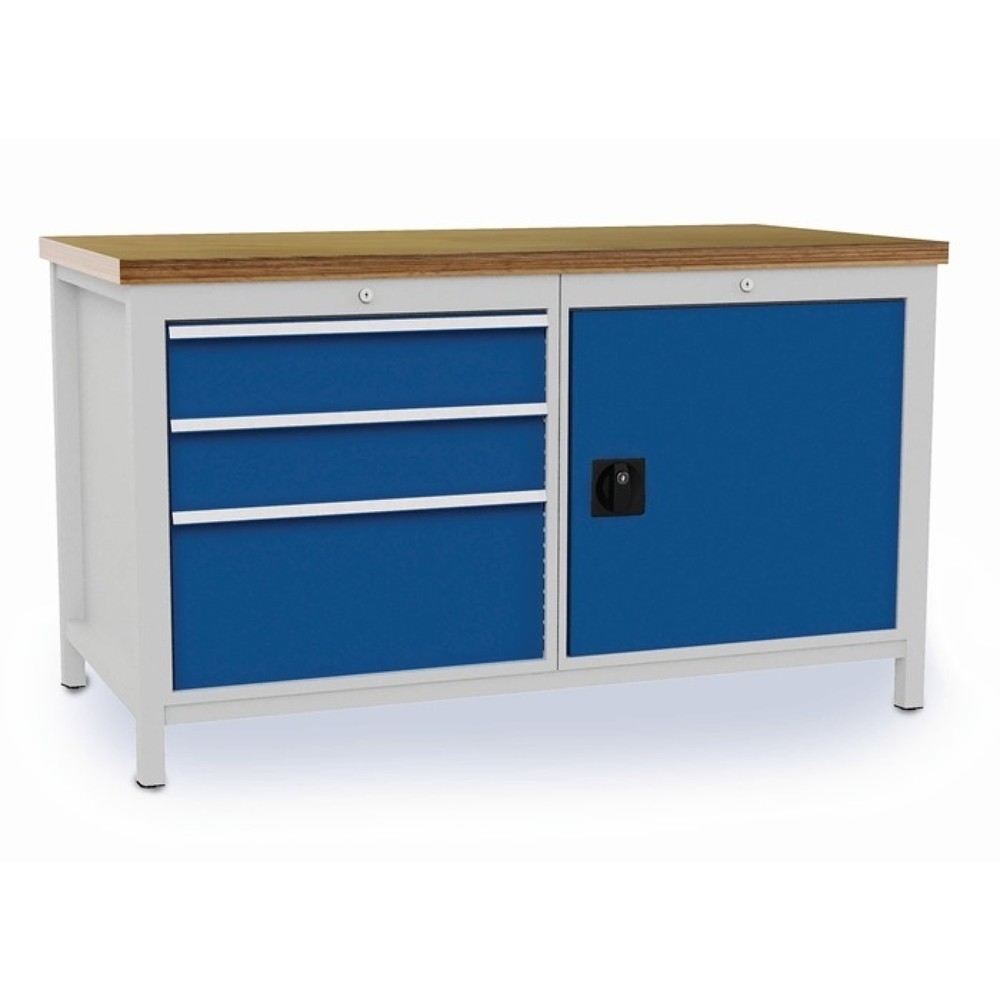 Illustration du produit: Werkbank, lichtgrau, RAL 7035 signalblau, RAL 5005, B1500xT750xH859mm Buche Multiplex, 3 Schubladen 1 Tür