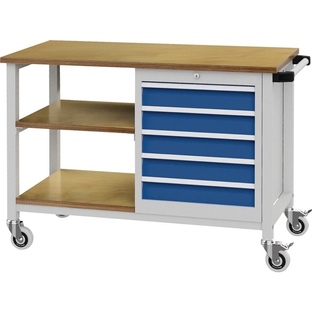 Illustration du produit: Werkbank, lichtgrau / signalblau, B1200xT540xH880mm Buche Multiplex, 5 Schubladen