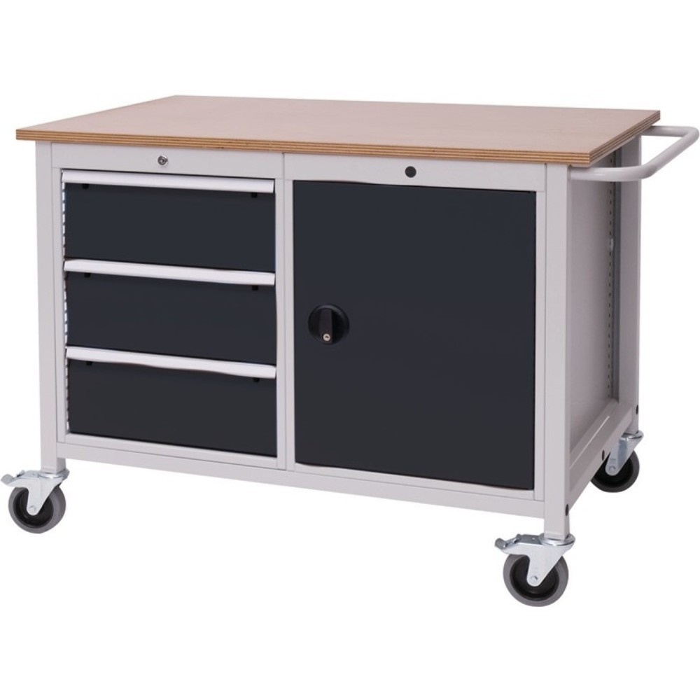 Illustration du produit: Werkbank, lichtgrau / anthrazitgrau, B1250xT750xH935mm Buche Multiplex, 3 Schubladen 1 Tür
