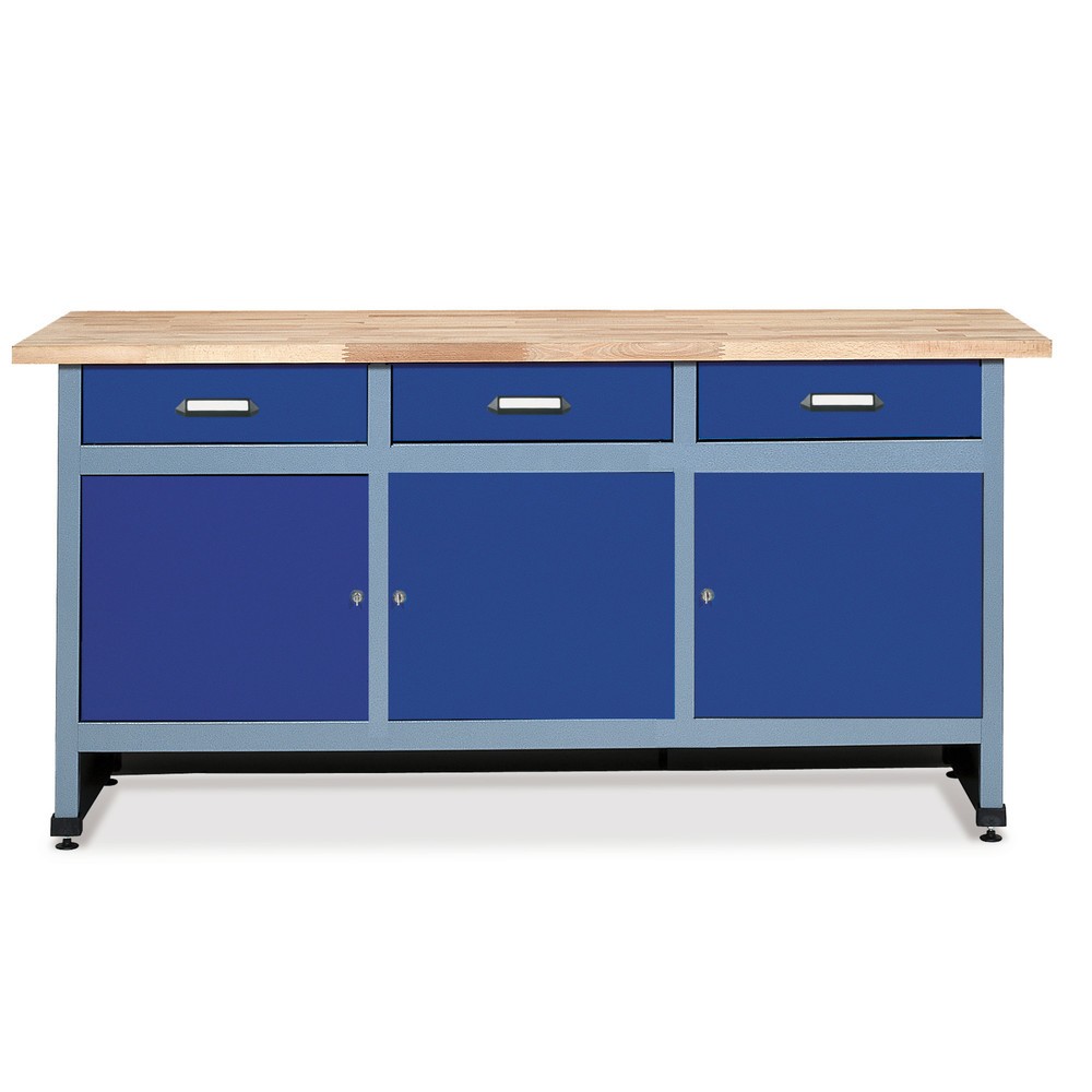 Produktabbildung: Werkbank mit 3 Schubladen + 3 Türen, BxT 1.700 x 600 mm, rot